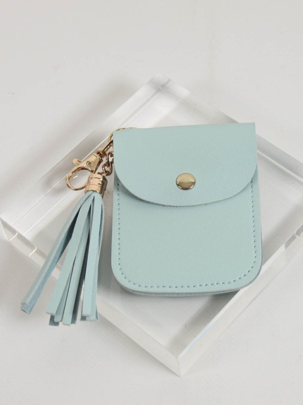 Pastel Blue Faux Leather Card Holder Keychain Wallet